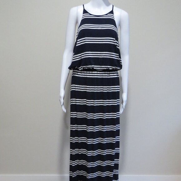 LOFT Striped Maxi Dress SIZE Medium Blue White Stretch Keyhole Button - Picture 9 of 9